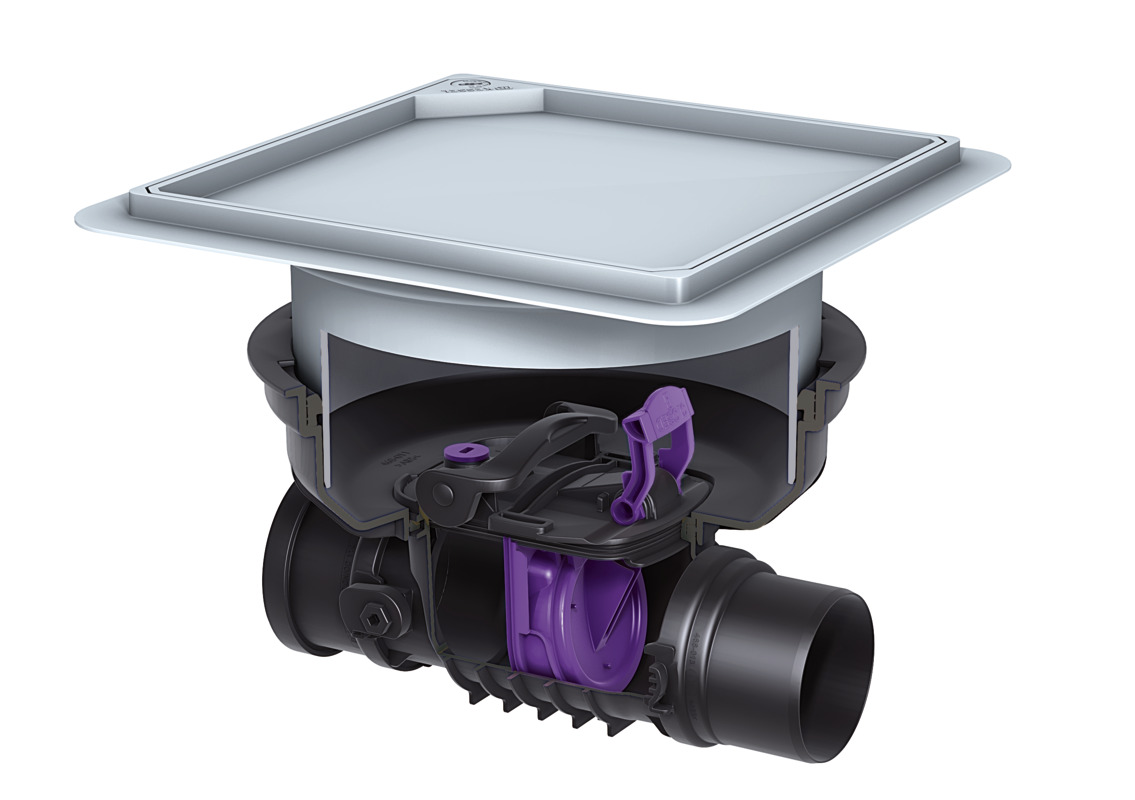 Staufix terugslagklep voor installatie in de vloerplaat, met één klep Staufix terugslagklep voor installatie in de vloerplaat, met één klep