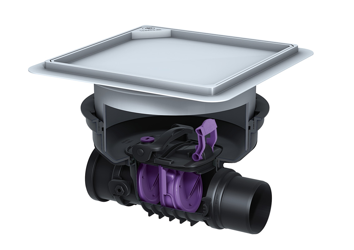 Staufix terugslagklep voor installatie in de vloerplaat, met twee kleppen Staufix terugslagklep voor installatie in de vloerplaat, met twee kleppen