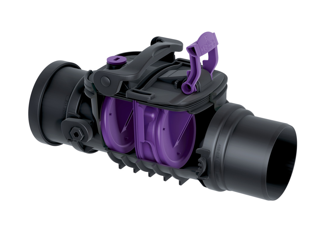 Staufix terugslagklep voor installatie in de blootliggende afvalwaterleiding, met twee kleppen Staufix terugslagklep voor installatie in de blootliggende afvalwaterleiding, met twee kleppen