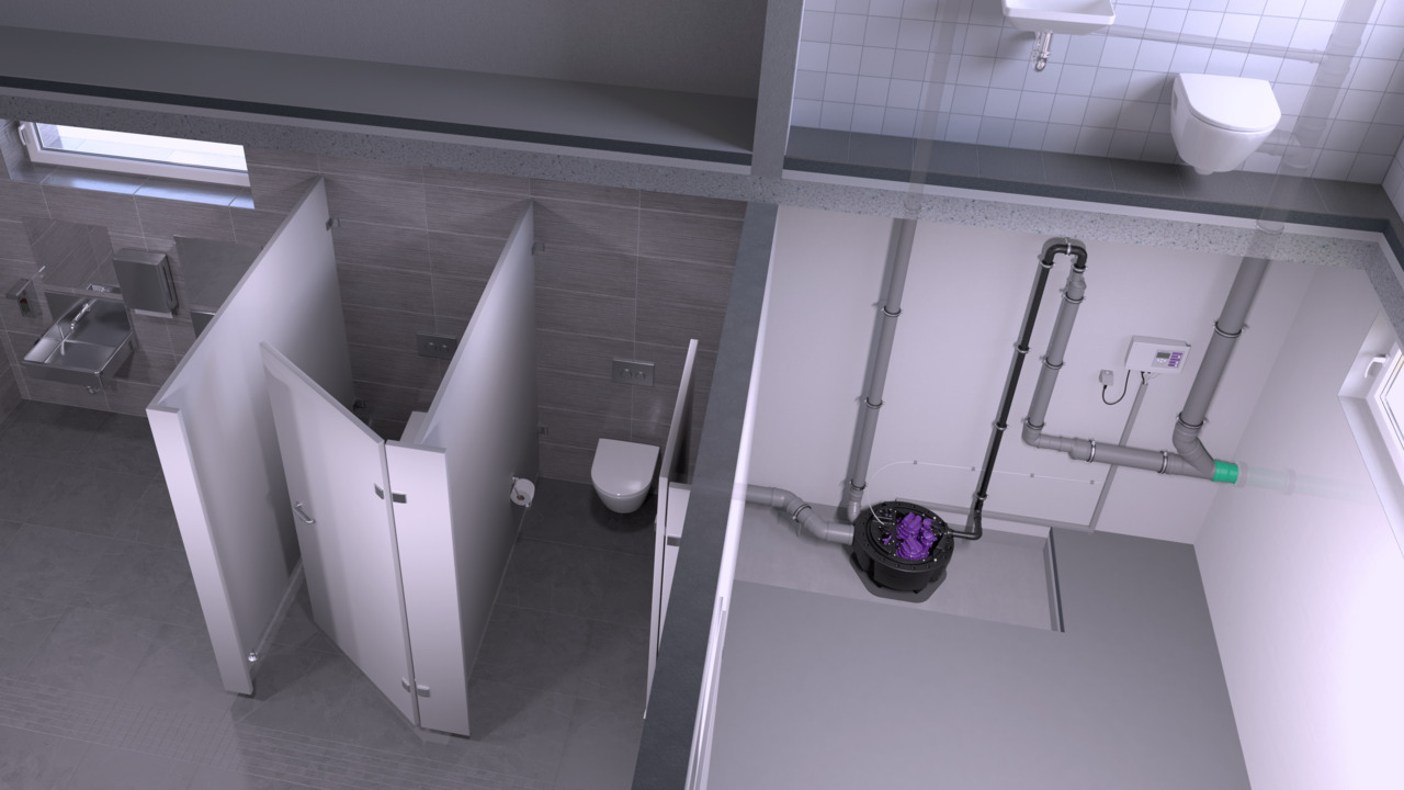 Inbouwtekening Aqualift M-opvoerinstallatie voor afvalwater met fecaliën voor vrije opstelling Inbouwtekening Aqualift M-opvoerinstallatie voor afvalwater met fecaliën voor vrije opstelling