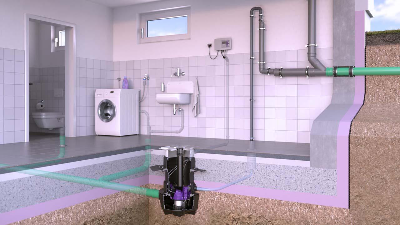 Inbouwtekening van de Aqualift M Underfloor-opvoerinstallatie voor afvalwater met fecaliën, voor inbouw in de vloerplaat. Inbouwtekening van de Aqualift M Underfloor-opvoerinstallatie voor afvalwater met fecaliën, voor inbouw in de vloerplaat.