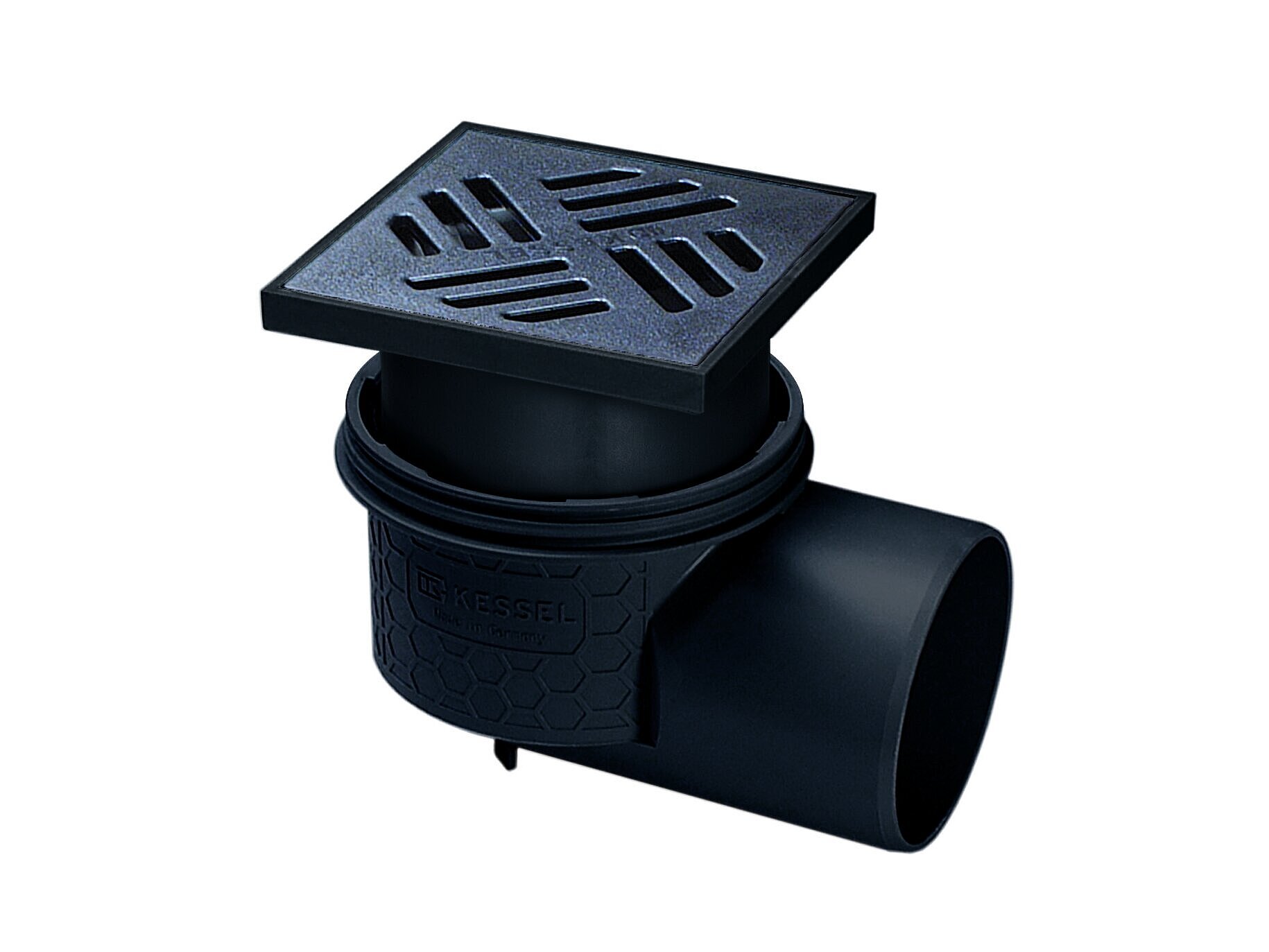 Vloerafvoer Practicus met horizontale uitloop en sleufrooster van zwart kunststof Vloerafvoer Practicus met horizontale uitloop en sleufrooster van zwart kunststof