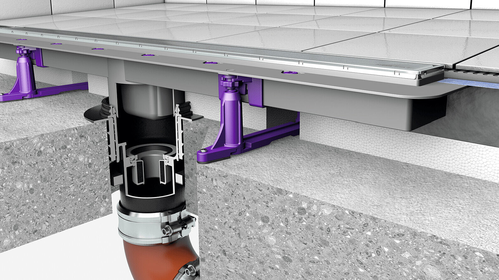 De douchegoot Linearis Comfort in combinatie met een basiselement van Ecoguss, het brandpreventieonderdeel Fire-Kit en de doorvoerdichting Quick-Fit De douchegoot Linearis Comfort in combinatie met een basiselement van Ecoguss, het brandpreventieonderdeel Fire-Kit en de doorvoerdichting Quick-Fit