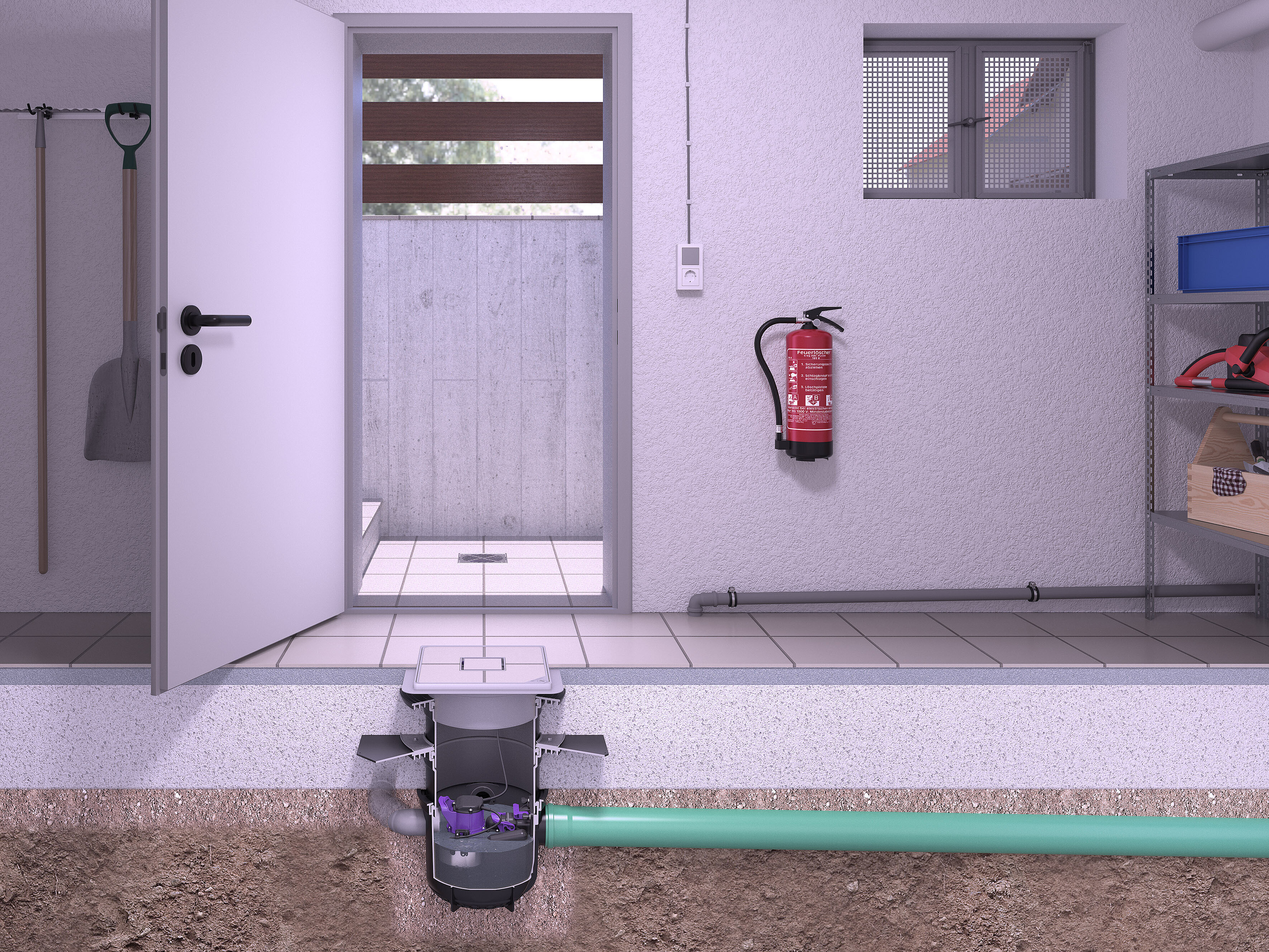 Inbouwvoorbeeld van de Pumpfix S Underfloor in een kelder Inbouwvoorbeeld van de Pumpfix S Underfloor in een kelder