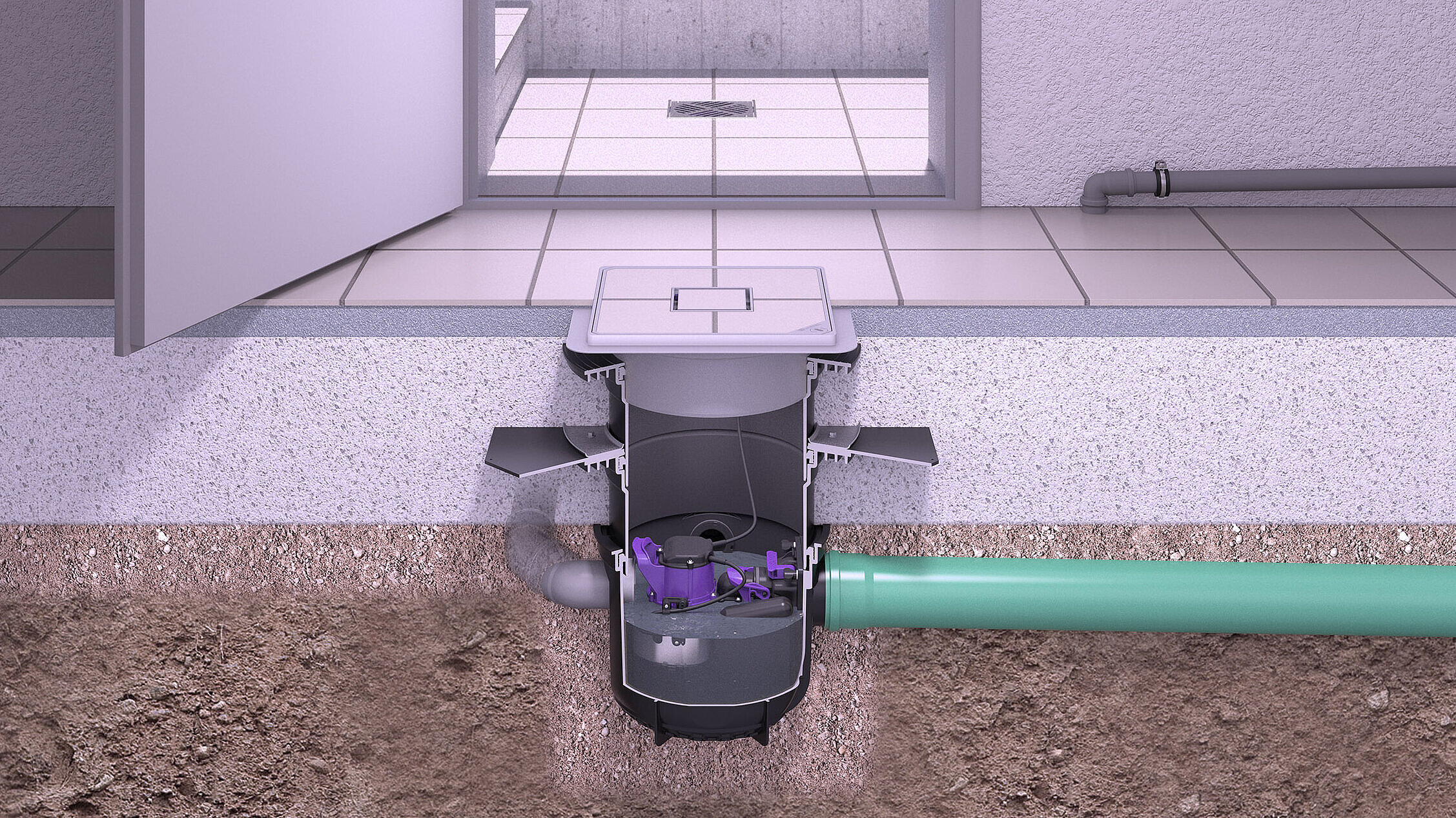 Inbouwvoorbeeld van de kelderafvoer Pumpfix S Underfloor met toevoeren vanuit andere afvoerpunten Inbouwvoorbeeld van de kelderafvoer Pumpfix S Underfloor met toevoeren vanuit andere afvoerpunten