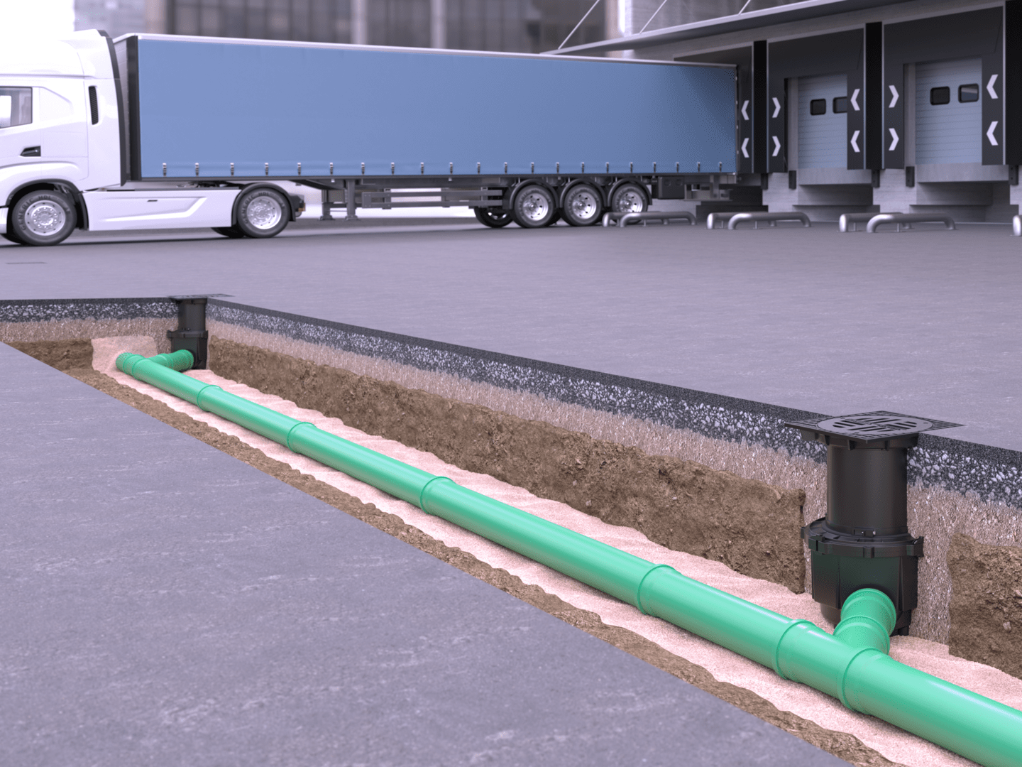 Inbouwvoorbeeld van de erfafvoer systeem 400 voor hogere belastingsklassen met horizontale uitloop Inbouwvoorbeeld van de erfafvoer systeem 400 voor hogere belastingsklassen met horizontale uitloop