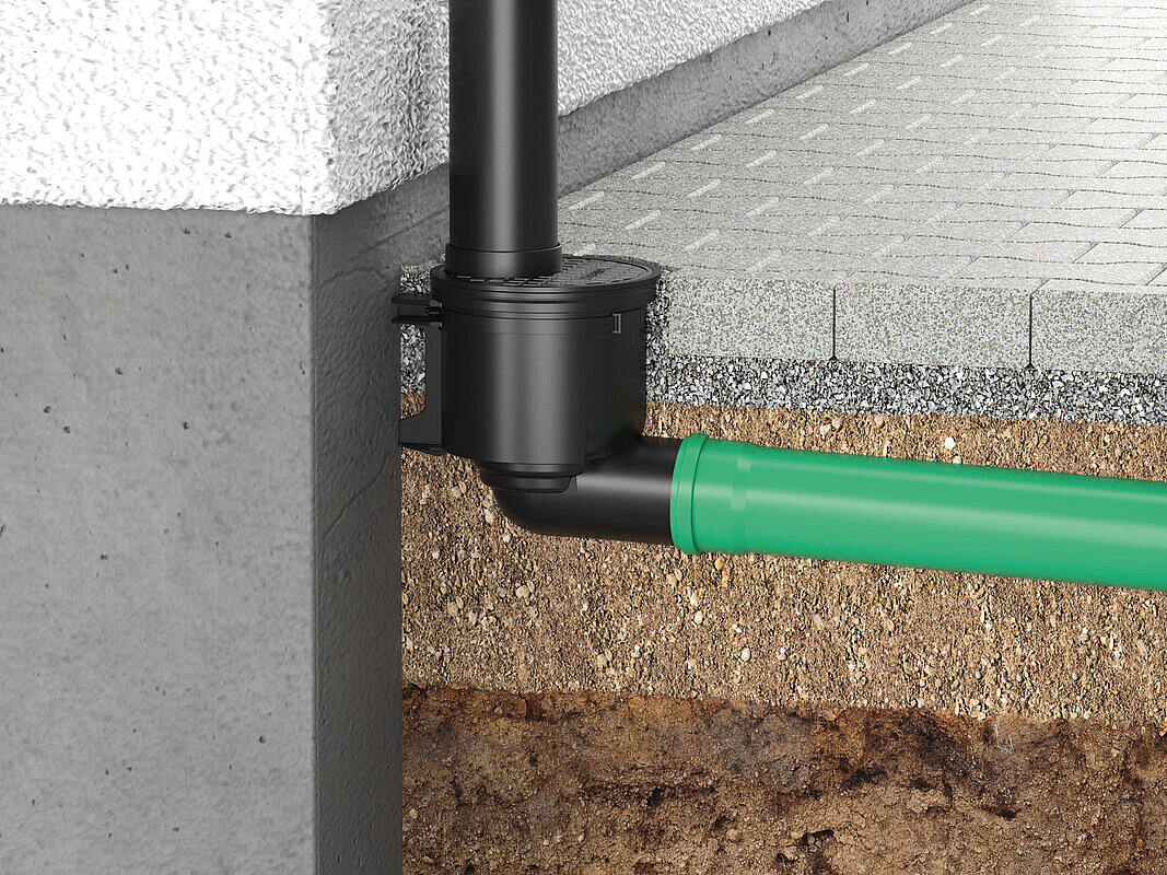 Inbouwvoorbeeld van de regenafvoer met horizontale uitloop Inbouwvoorbeeld van de regenafvoer met horizontale uitloop