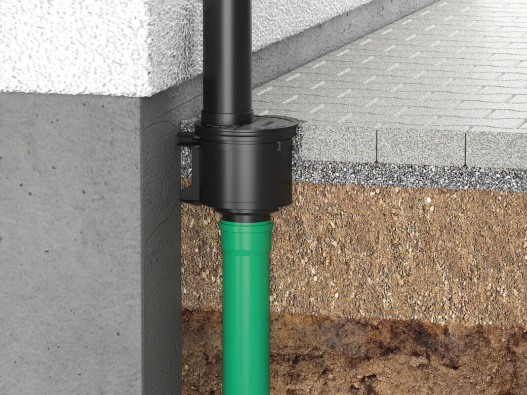 Inbouwvoorbeeld van de regenafvoer met verticale uitloop Inbouwvoorbeeld van de regenafvoer met verticale uitloop