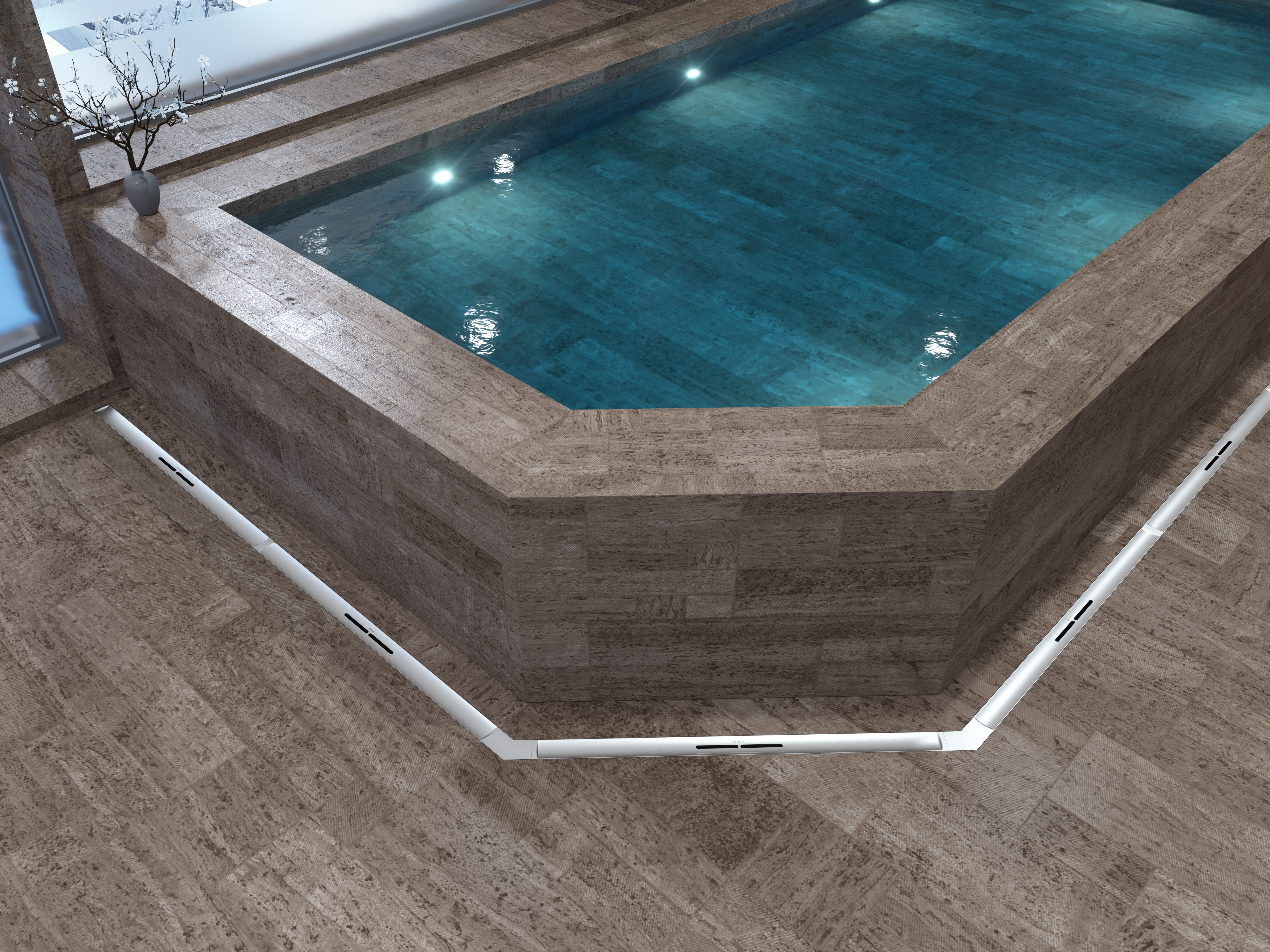 Inbouwvoorbeeld van de douchegoot Linearis Infinity met oppervlakte van rvs in een wellnessomgeving Inbouwvoorbeeld van de douchegoot Linearis Infinity met oppervlakte van rvs in een wellnessomgeving