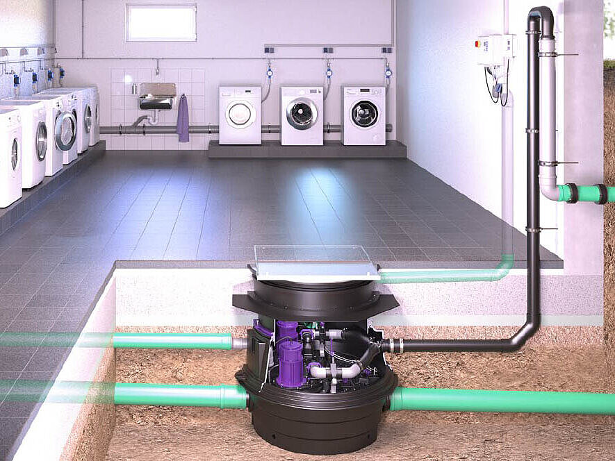 Installation diagramm of the Ecolift XL hybrid lifting system in the basement of an apartment block